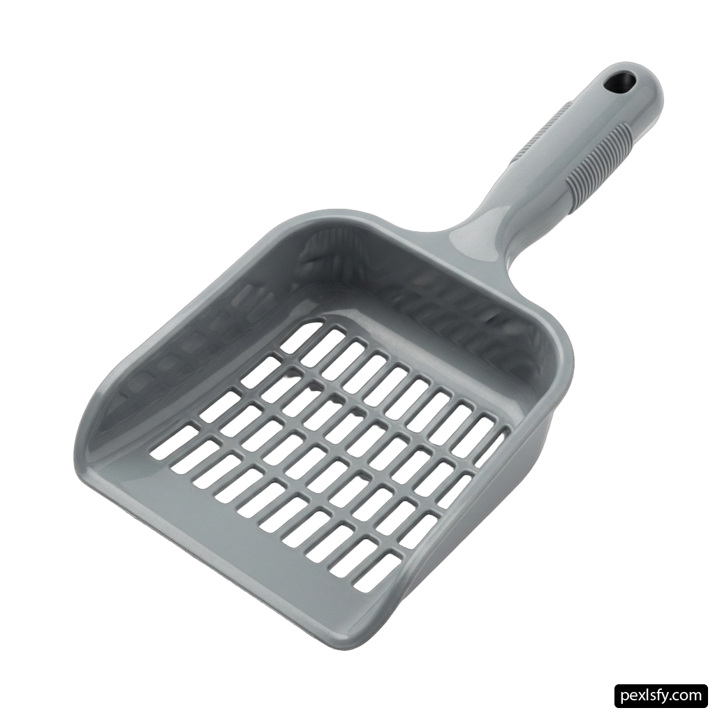Gray plastic dustpan with a handle on a white background png transparent background