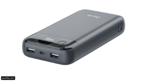 Gray power bank with a digital display on it png transparent background