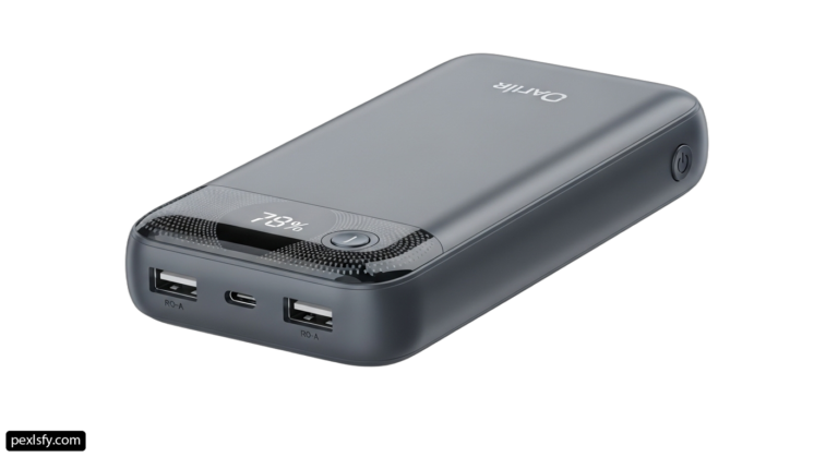 Gray power bank with a digital display on it png transparent background