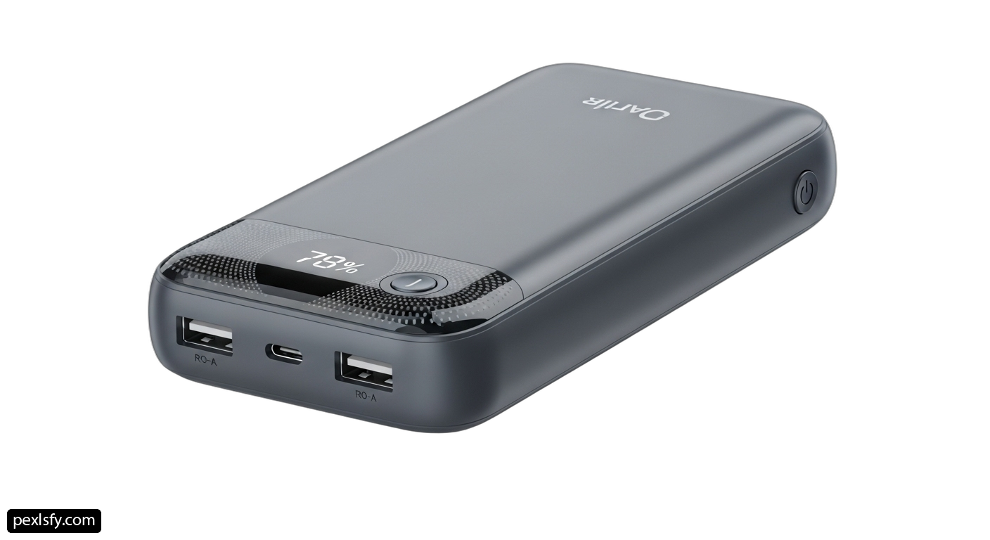 Gray power bank with a digital display on it png transparent background