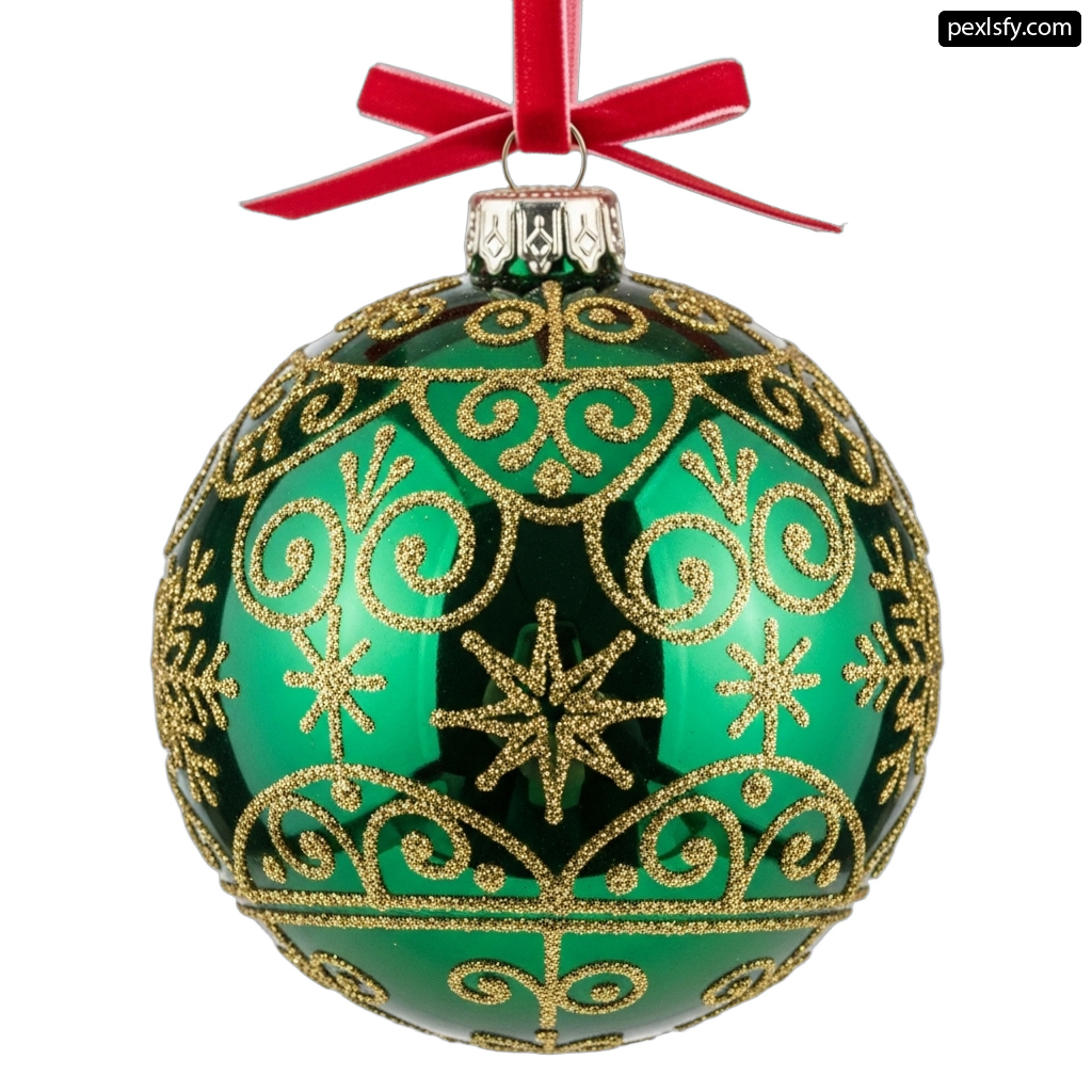 Green and gold ornament with a red ribbon png transparent background