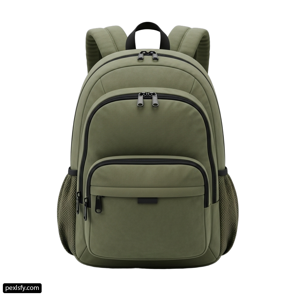 Green backpack with a zippered pocket on the front png transparent background
