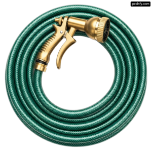 Green expandable garden hose with a brass spray gun png transparent background