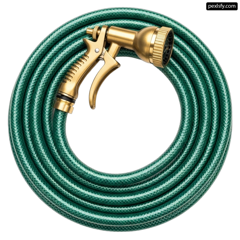 Green expandable garden hose with a brass spray gun png transparent background
