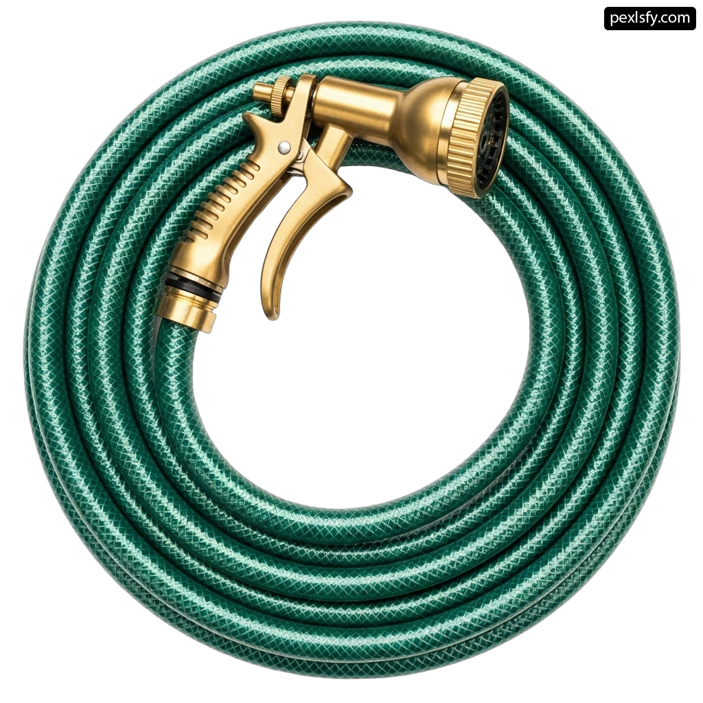 Green expandable garden hose with a brass spray gun png transparent background
