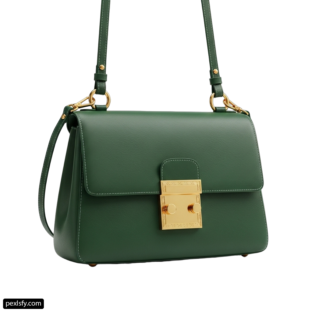 Green handbag with a gold lock on it png transparent background
