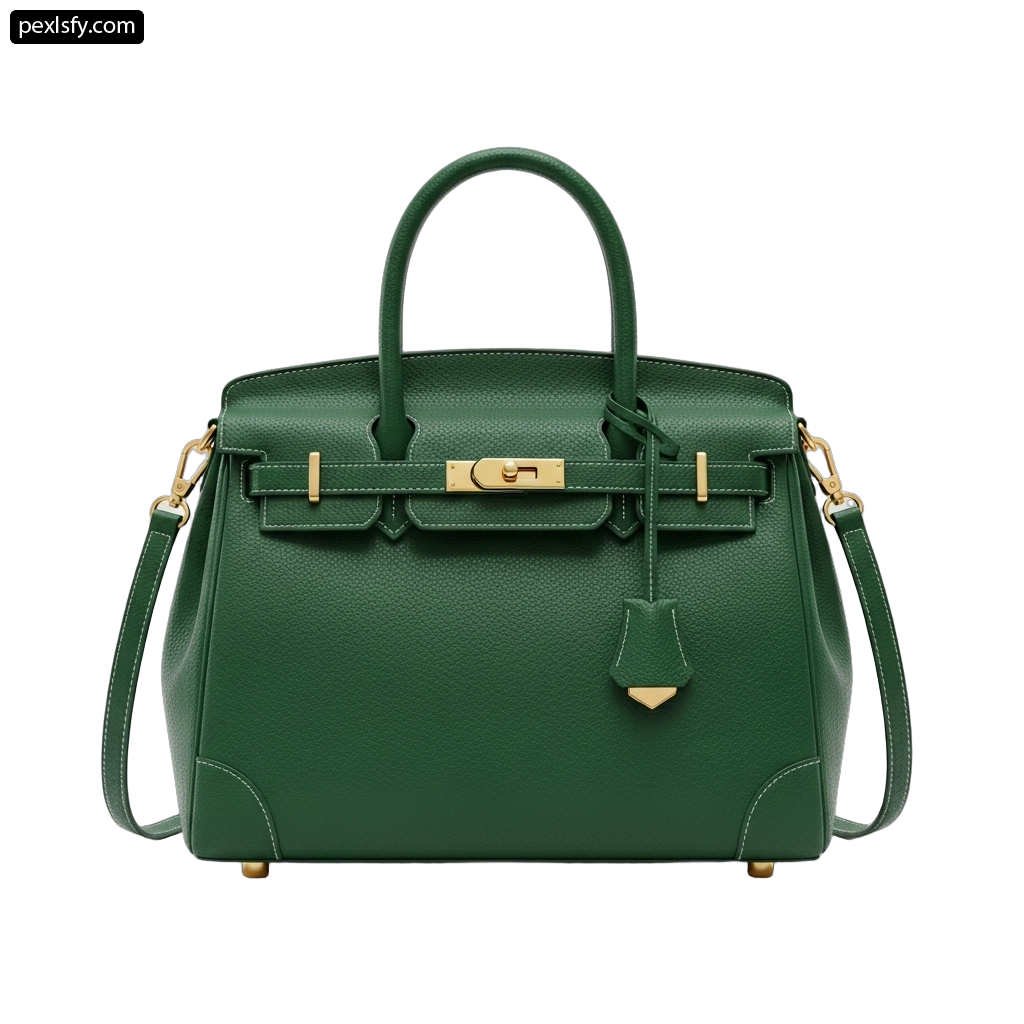 Green handbag with gold hardware on a white background png transparent background