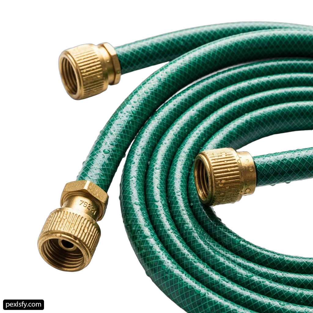 Green hose with brass fittings on a white background png transparent background