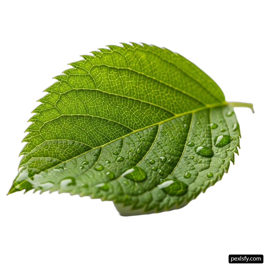 Green leaf with water droplets on it png transparent background