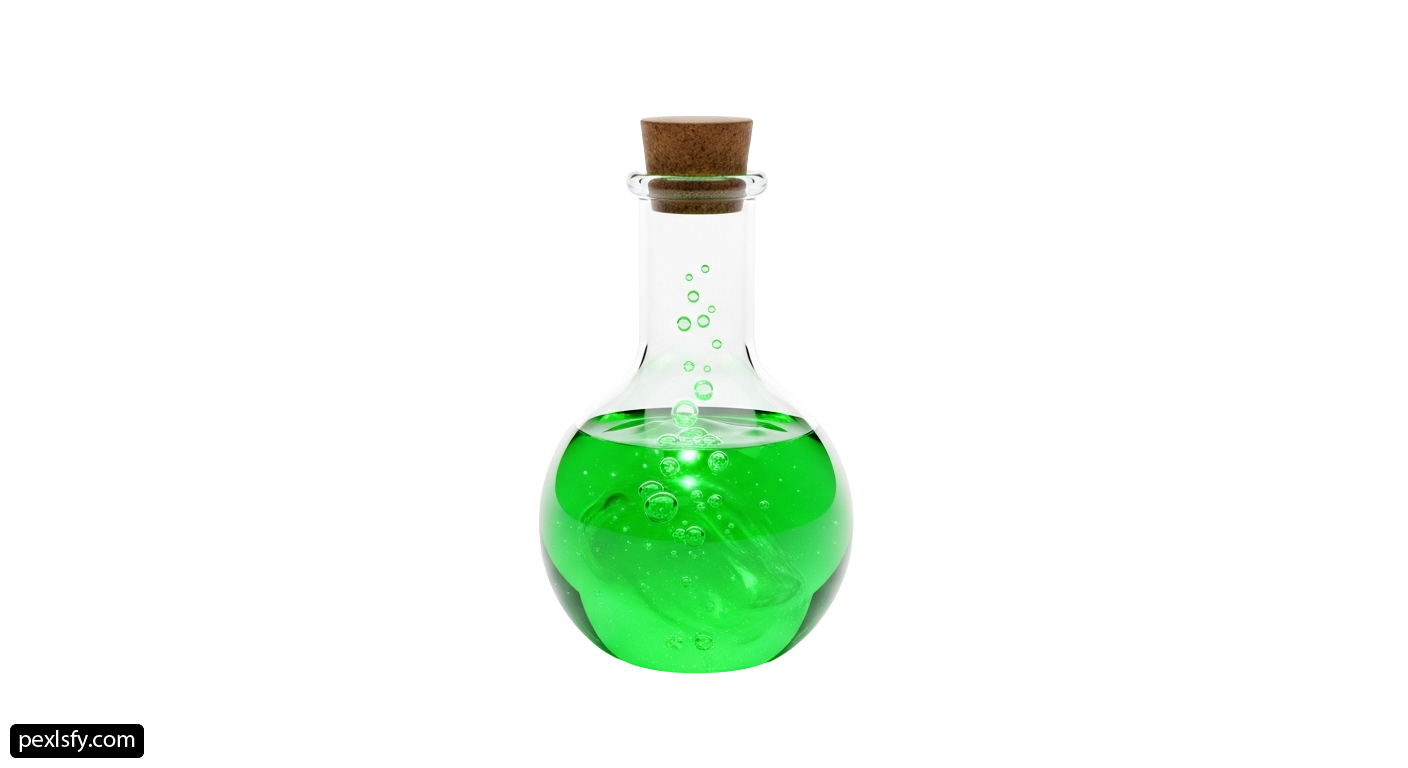 Green liquid in a glass bottle with a cork stopper png transparent background
