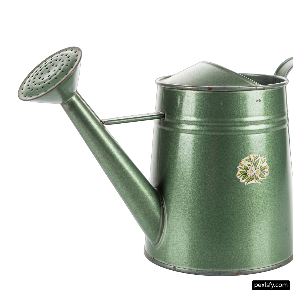Green watering can with a flower design on it png transparent background