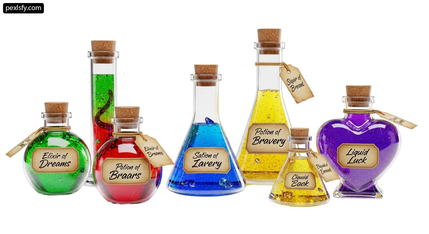Group of bottles filled with different colored liquids png transparent background