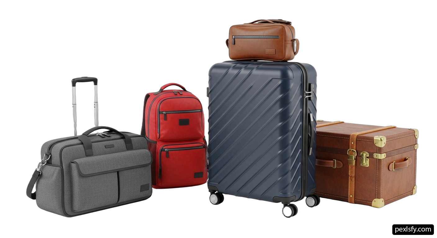 Group of four pieces of luggage sitting next to each other png transparent background