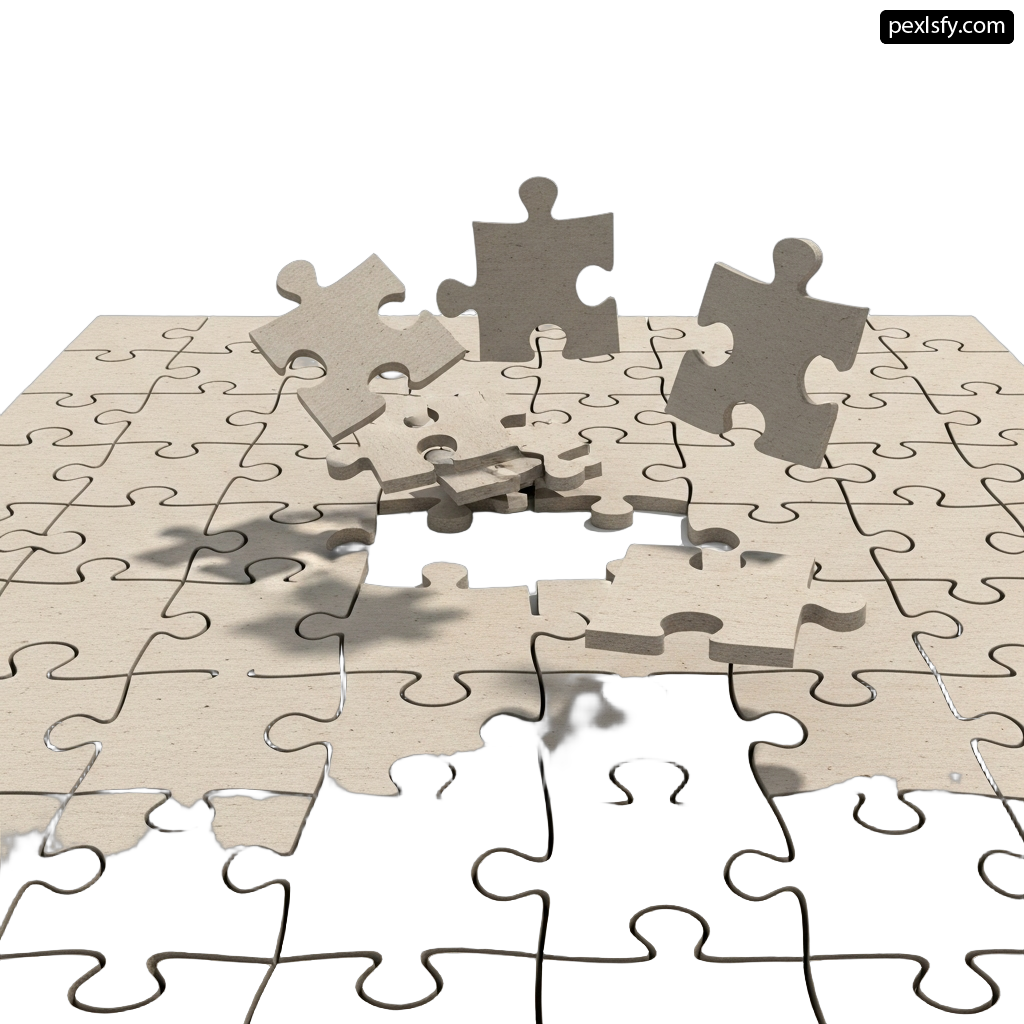 Group of jigsaw puzzle pieces on a white surface png transparent background