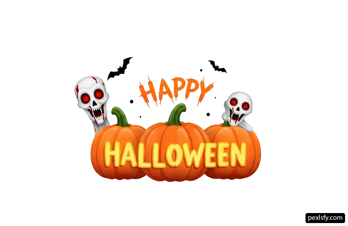 Group of pumpkins with skulls and bats on them png transparent background