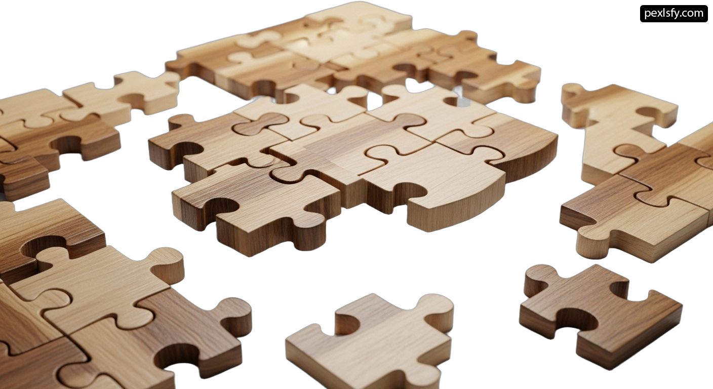 Group of wooden jigsaw puzzle pieces arranged in a circle png transparent background