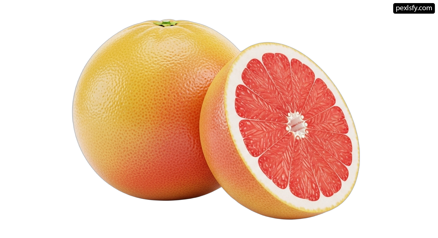 Half of a grapefruit next to a half of an orange png transparent background