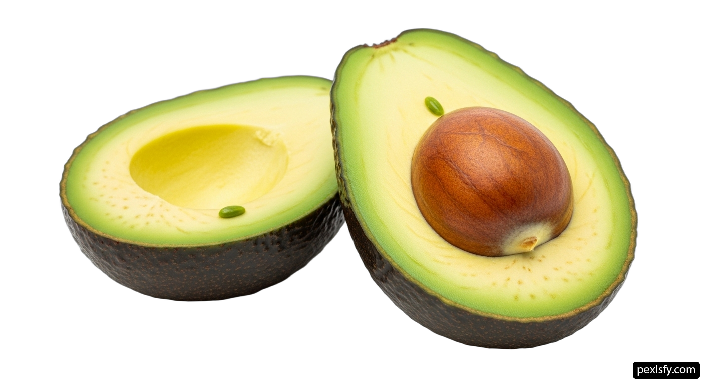 Half of an avocado cut in half on a white background png transparent background