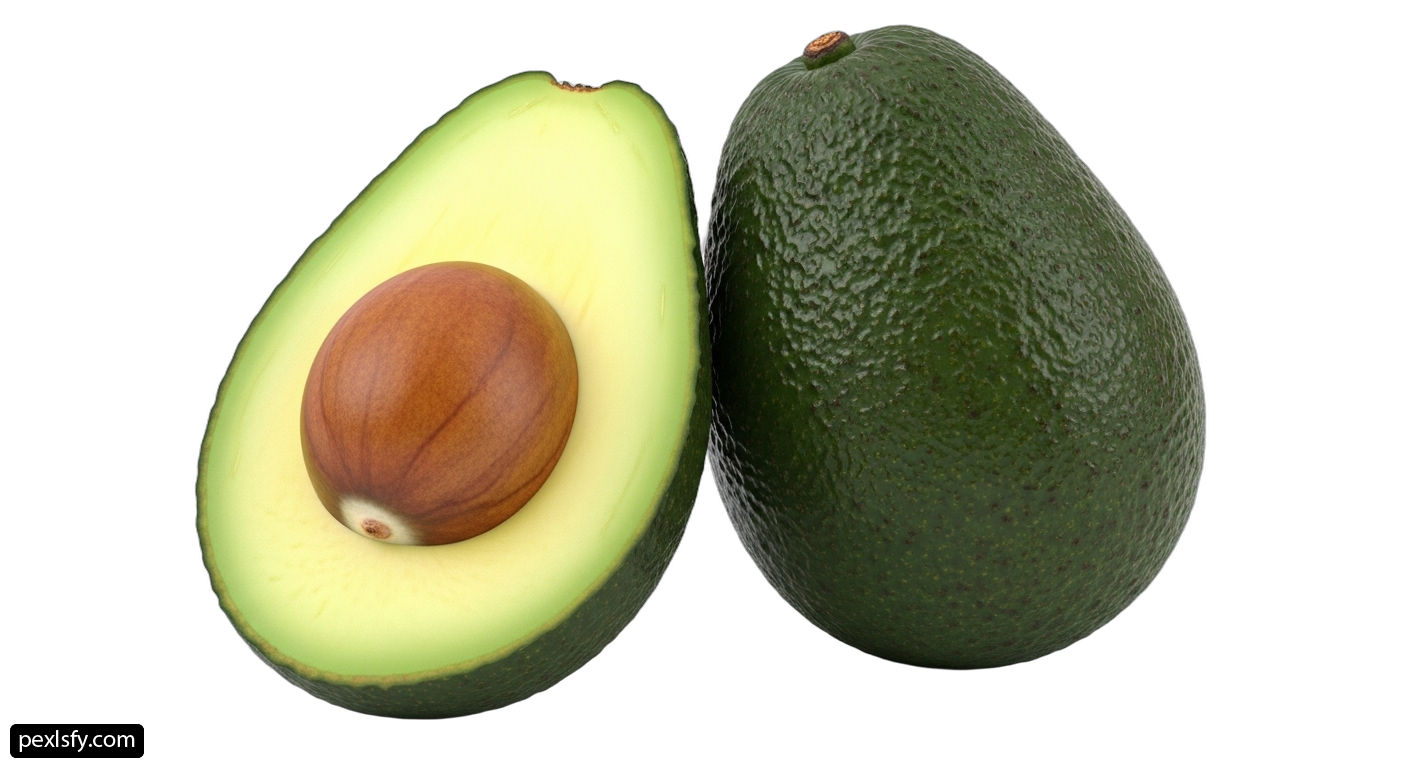 Half of an avocado next to an avocado cut in half png transparent background