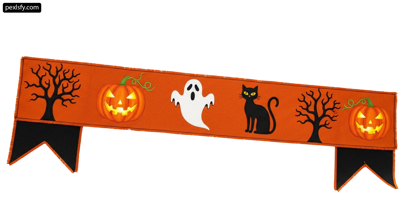 Halloween banner with pumpkins, ghosts and black cats png transparent background