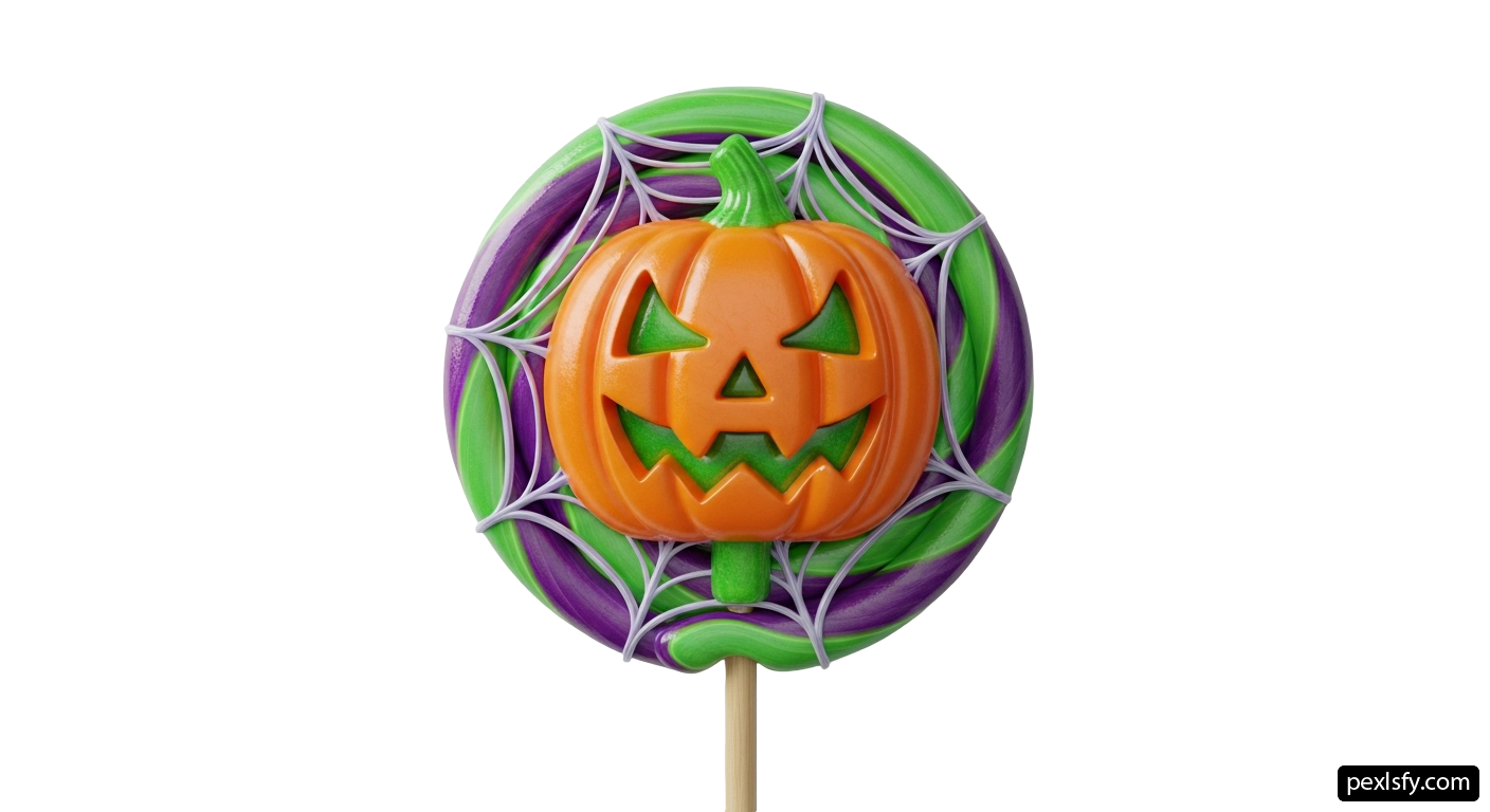 Halloween pumpkin on a stick with a spider web around it png transparent background