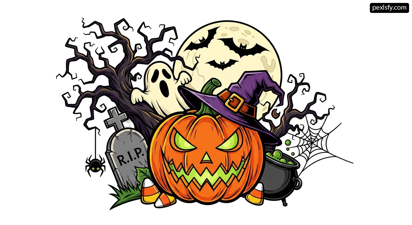 Halloween pumpkin with a witch hat and a tombstone png transparent background