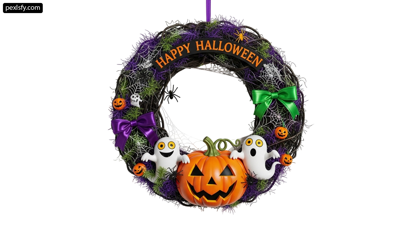 Halloween wreath with ghosts and pumpkins on it png transparent background