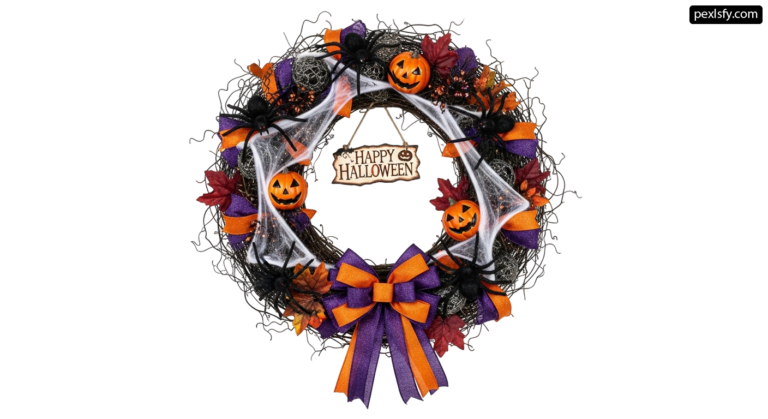 Halloween wreath with pumpkins and spiders on it png transparent background