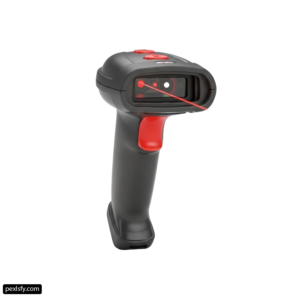 Handheld barcode scanner with a red laser pointer png transparent background