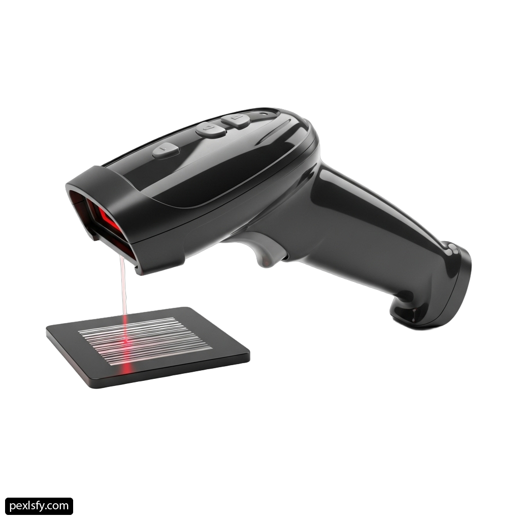 Handheld barcode scanner with a red light on it png transparent background