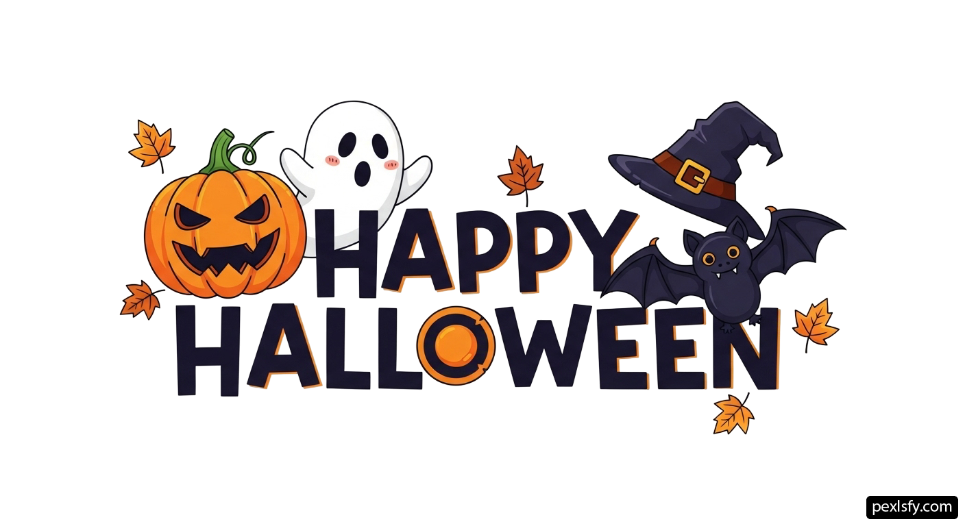 Happy halloween sign with a ghost, bat and pumpkin png transparent background