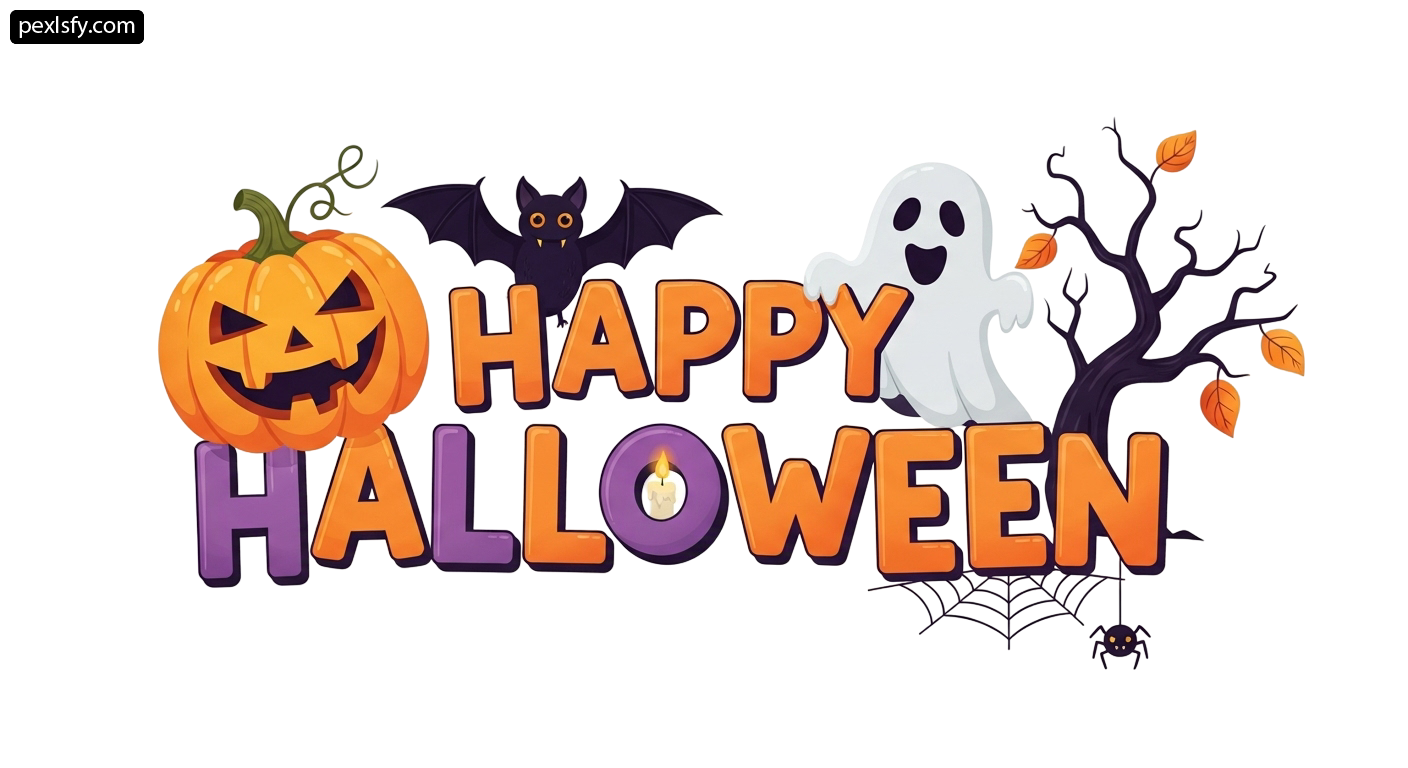 Happy halloween sign with a ghost, bat and pumpkin png transparent background