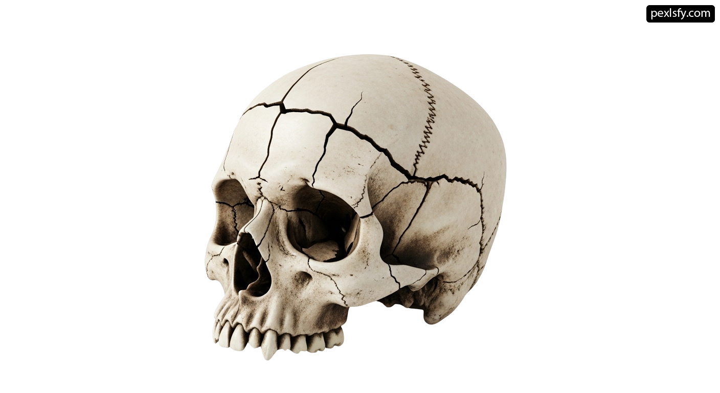 Human skull with a crack in it's face png transparent background