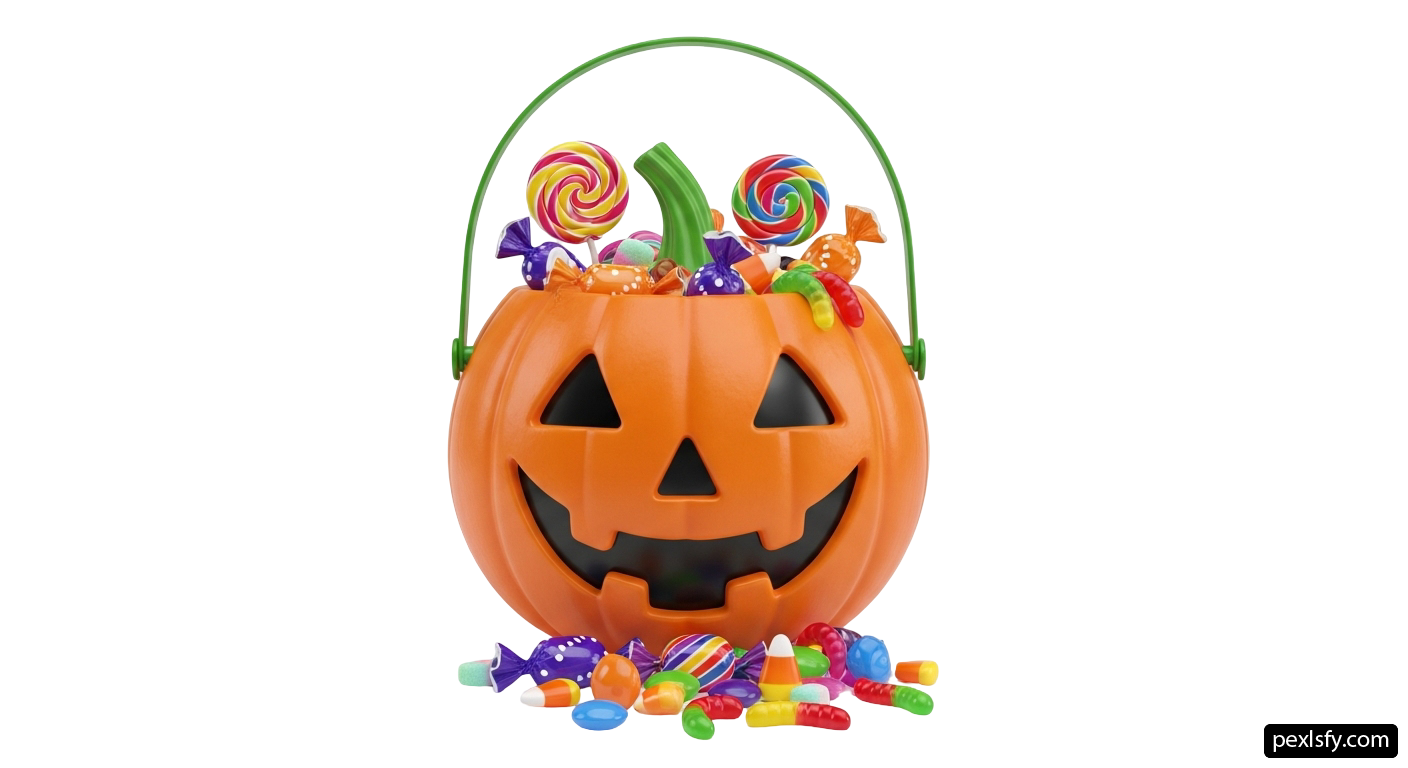 Jack-o-lantern bucket filled with candy and candies png transparent background