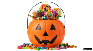 Jack-o-lantern filled with candy and candies png transparent background