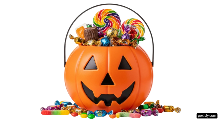 Jack-o-lantern filled with candy and candies png transparent background