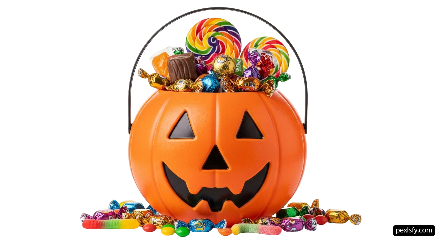Jack-o-lantern filled with candy and candies png transparent background