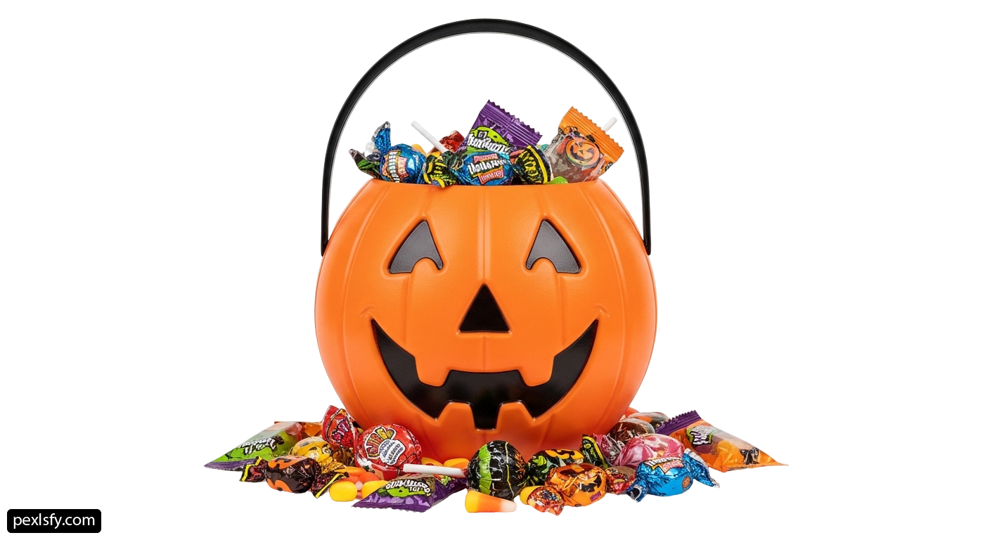 Jack-o-lantern filled with halloween candy and candies png transparent background