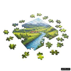 Jigsaw puzzle with a picture of a lake and mountains png transparent background
