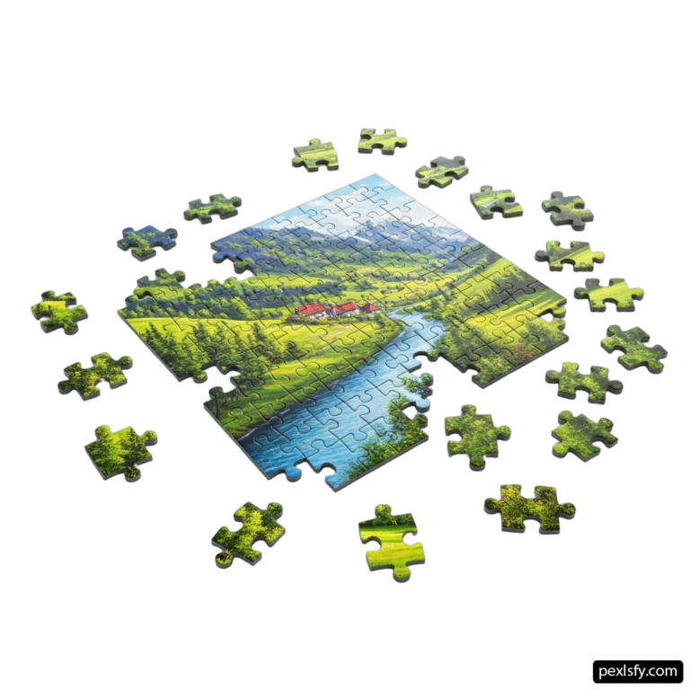 Jigsaw puzzle with a picture of a lake and mountains png transparent background