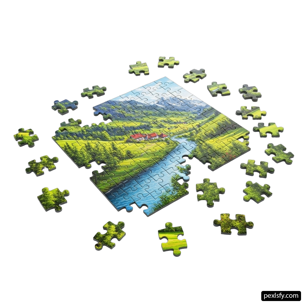 Jigsaw puzzle with a picture of a lake and mountains png transparent background