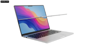 Laptop computer sitting on top of a white surface png transparent background