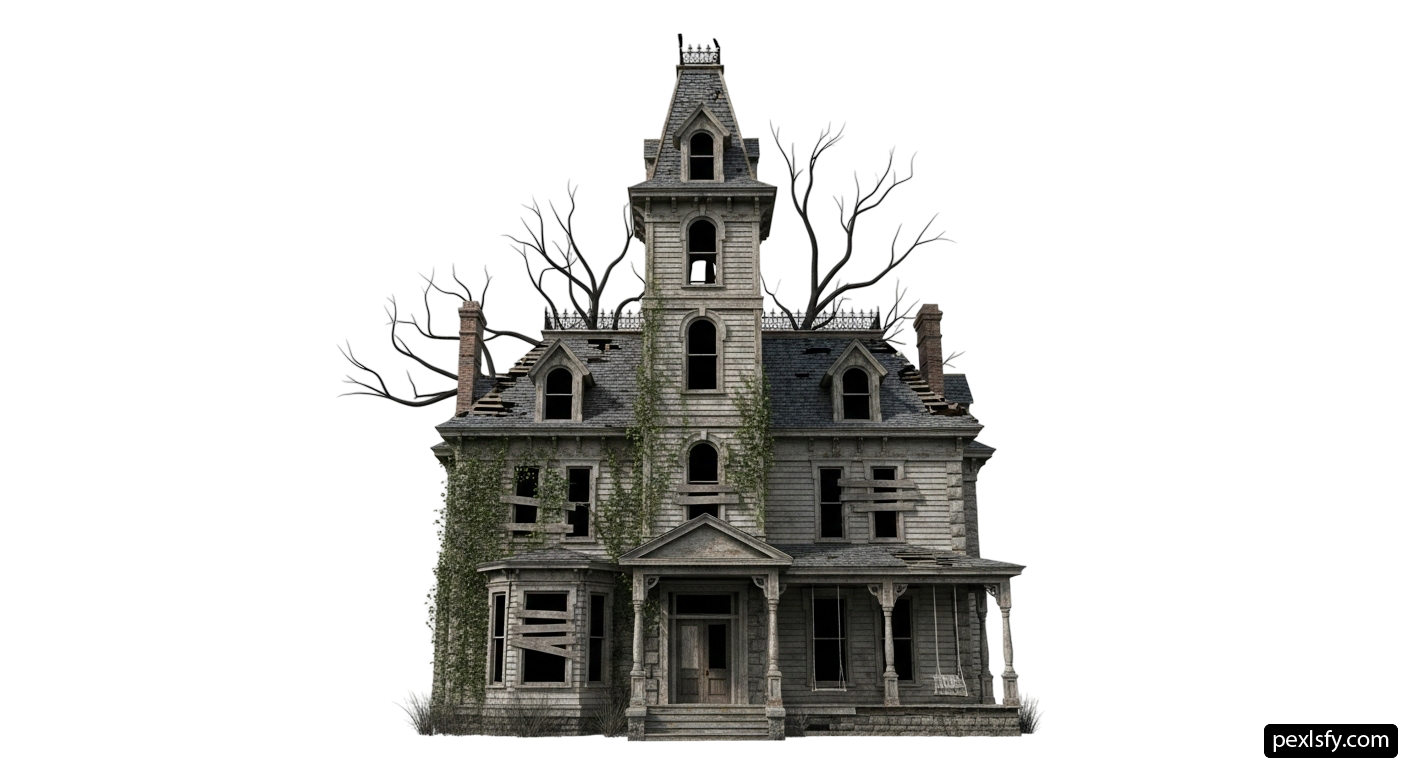 Large old house with a steeple and a clock tower png transparent background