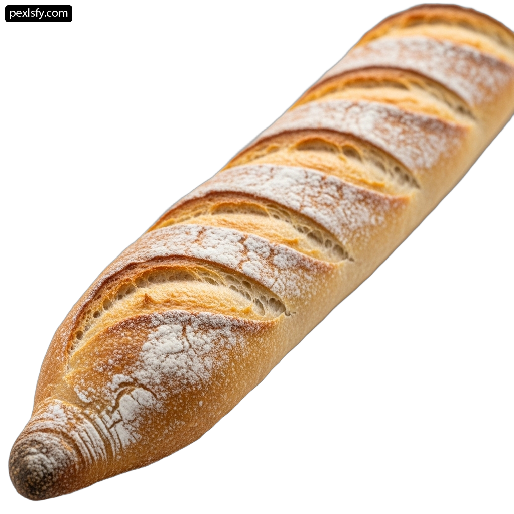 Long loaf of bread with powdered sugar on it png transparent background