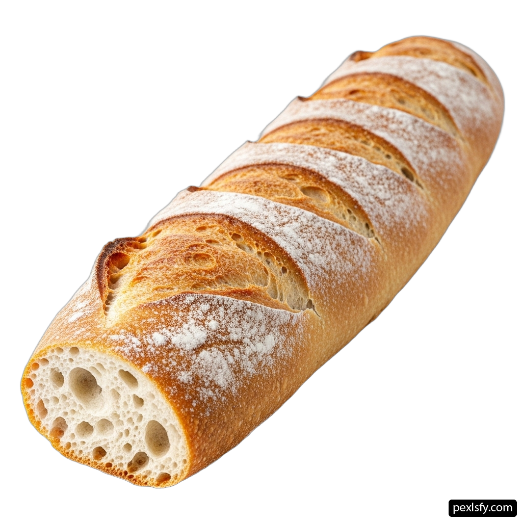 Long loaf of bread with powdered sugar on it png transparent background