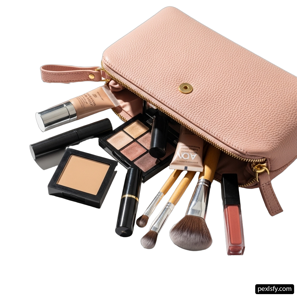 Makeup bag filled with makeup brushes and cosmetics png transparent background