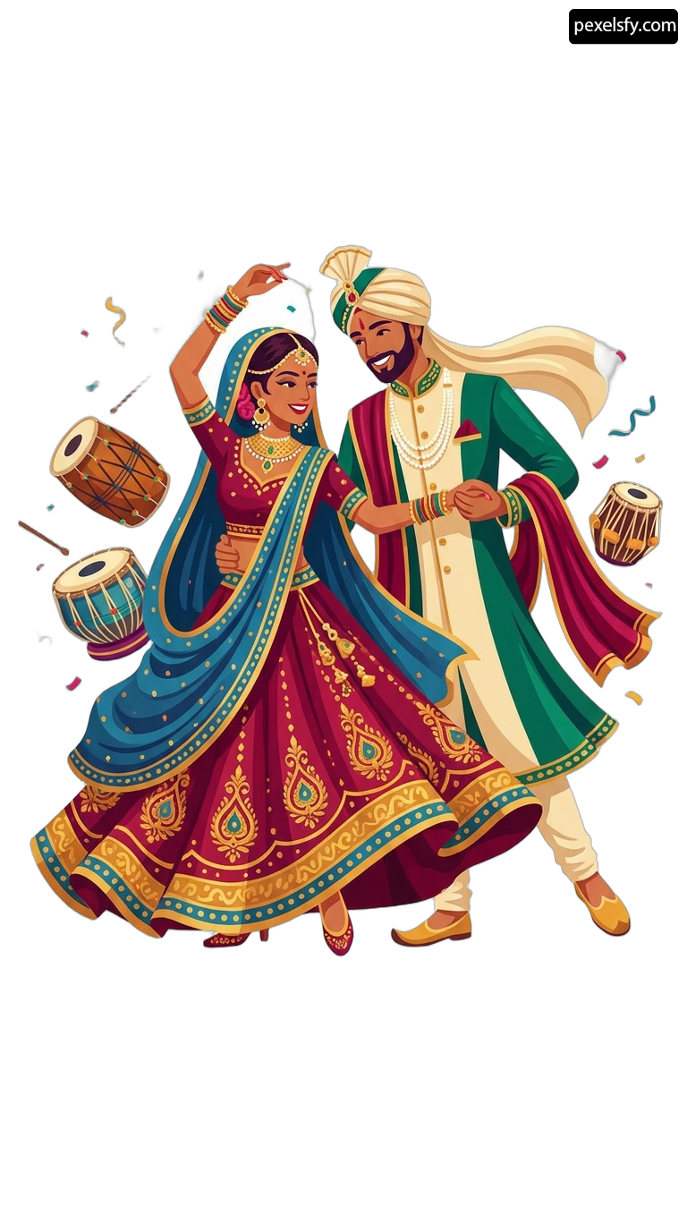 Man and a woman dressed in traditional indian clothing dancing png transparent background