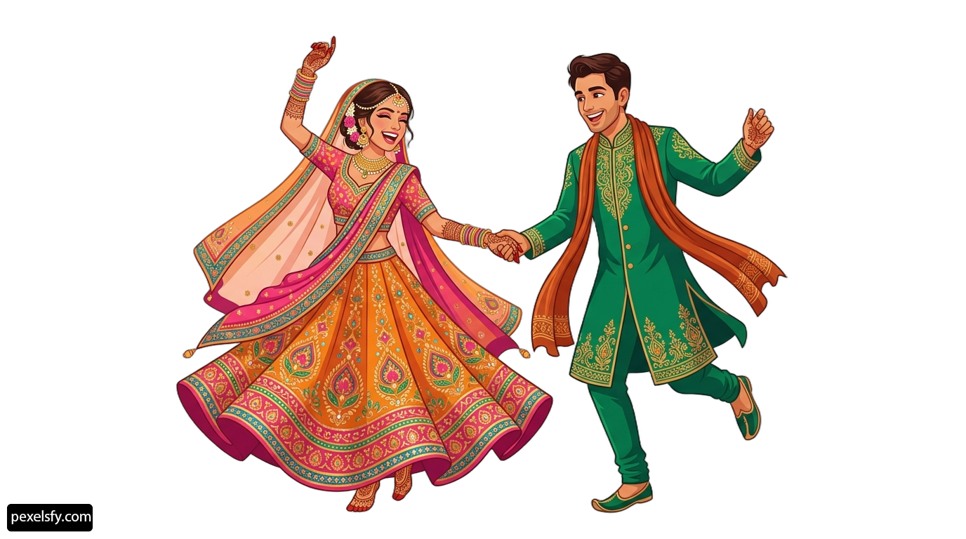 Man and a woman in traditional indian clothing dancing png transparent background