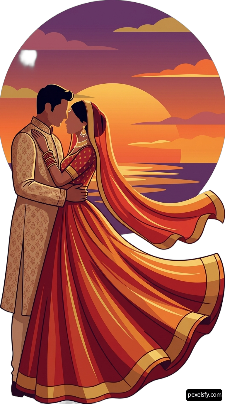Man and a woman in traditional indian clothing dancing at sunset png transparent background