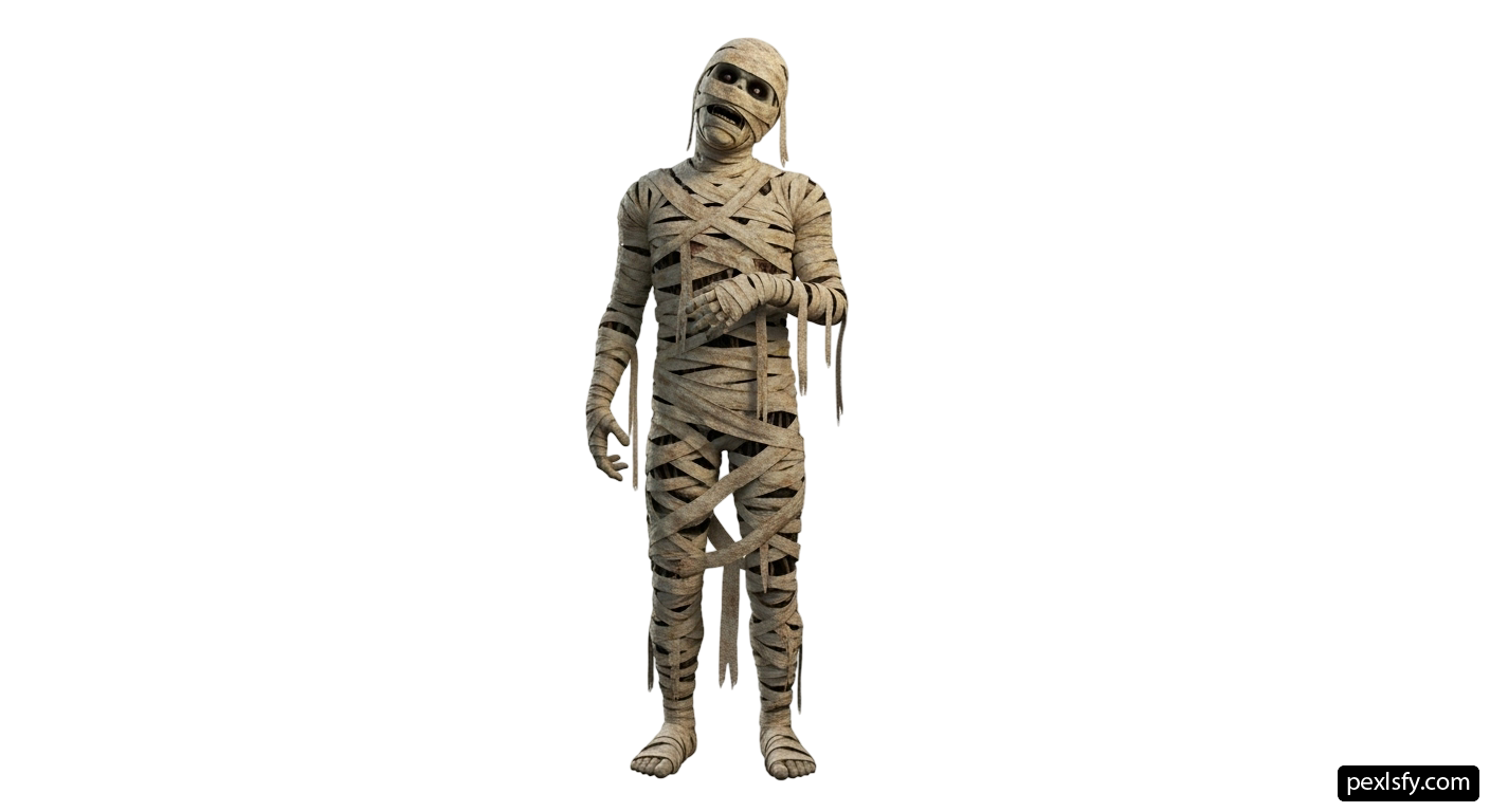 Man dressed as a mummy standing in front of a white background png transparent background